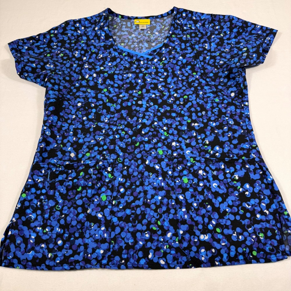WonderWink Scrub Top Medium Blue Purple Bubble Print V-Neck Short Sleeve Pockets